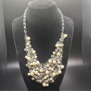 silver tone pearl crystal statement bib necklace adjustable